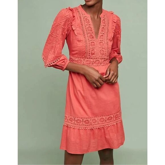 Anthropologie Akemi Kin Josephine Coral Floral Embroidered Lace Trim Dress Sz M - Picture 1 of 10